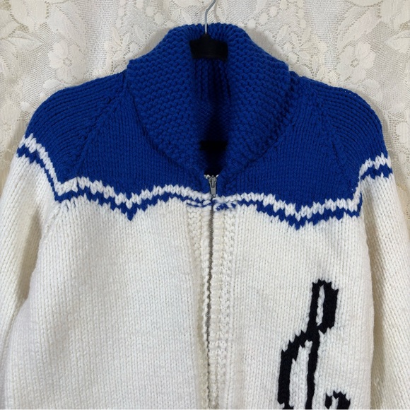 Vintage 70s Cowichan Blue and White Zip-Up Cardigan Music Dancer Size Medium - Picture 5 of 9